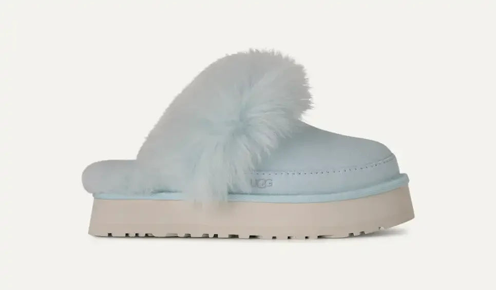 Papuci tip UGG cu blană voluminoasă și platformă – Albastru deschis