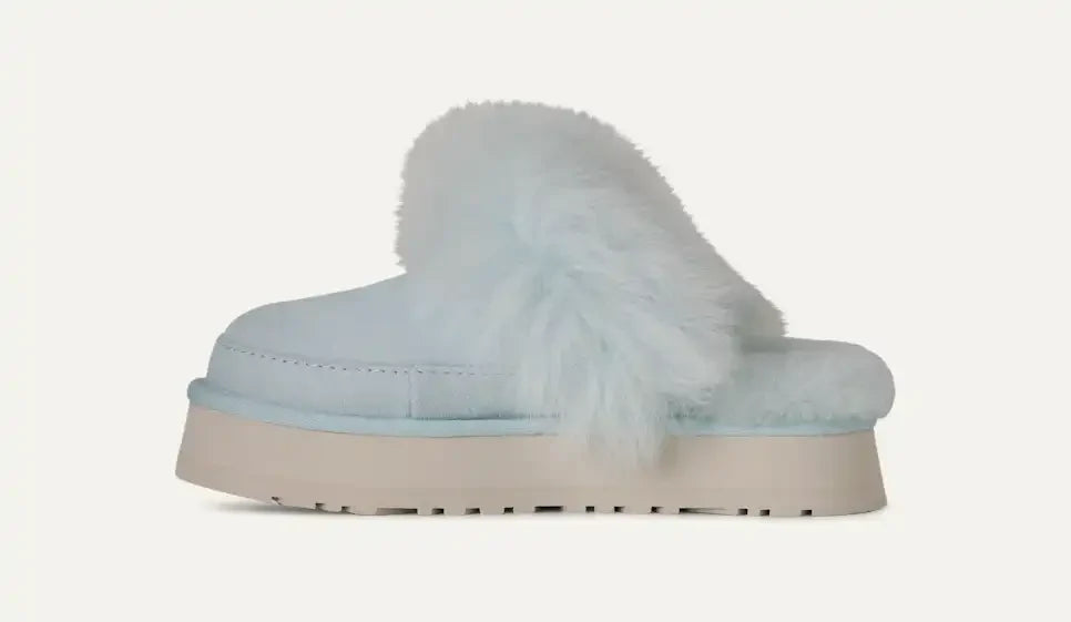 Papuci tip UGG cu blană voluminoasă și platformă – Albastru deschis